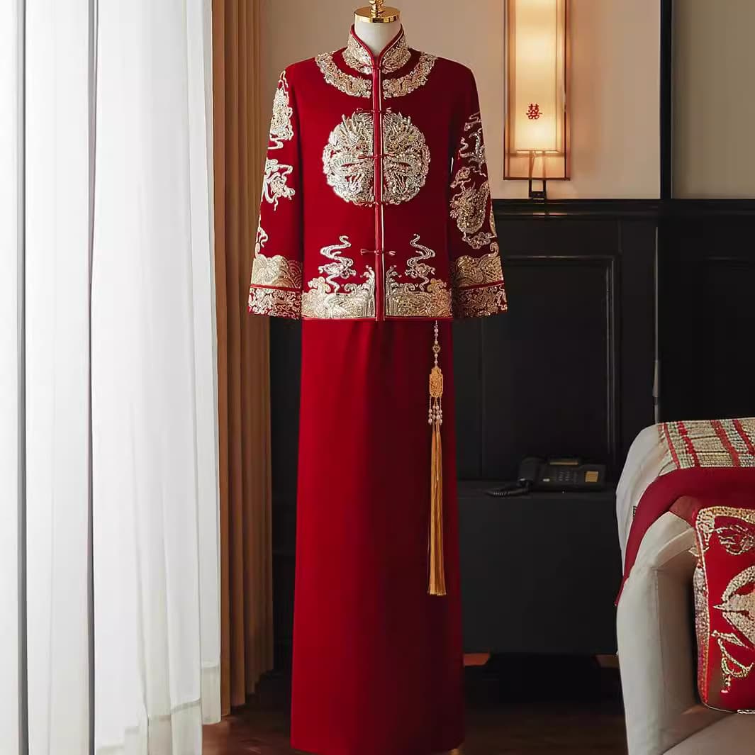 Men's Xiuhe Suit 2024 New Chinese Groom Velvet Wedding Dress Dragon and Phoenix Gown Plus Size