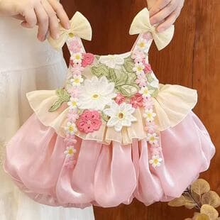 Pink Floral Strap Dress Sweet and Cute 2026 New Style Beautiful First Birthday Dress Fairy Pretty Dress