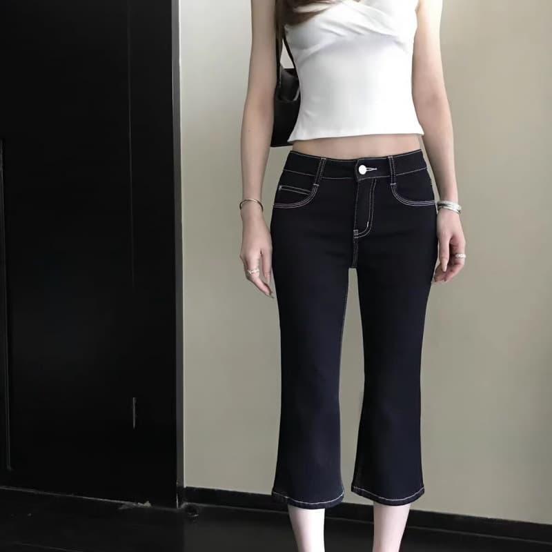 Women's Korean Dongdaemun High-Quality Tencel Cotton American-Style Hip-Hugging Slim-Fit Seven-Eighths Capri Flared Jeans