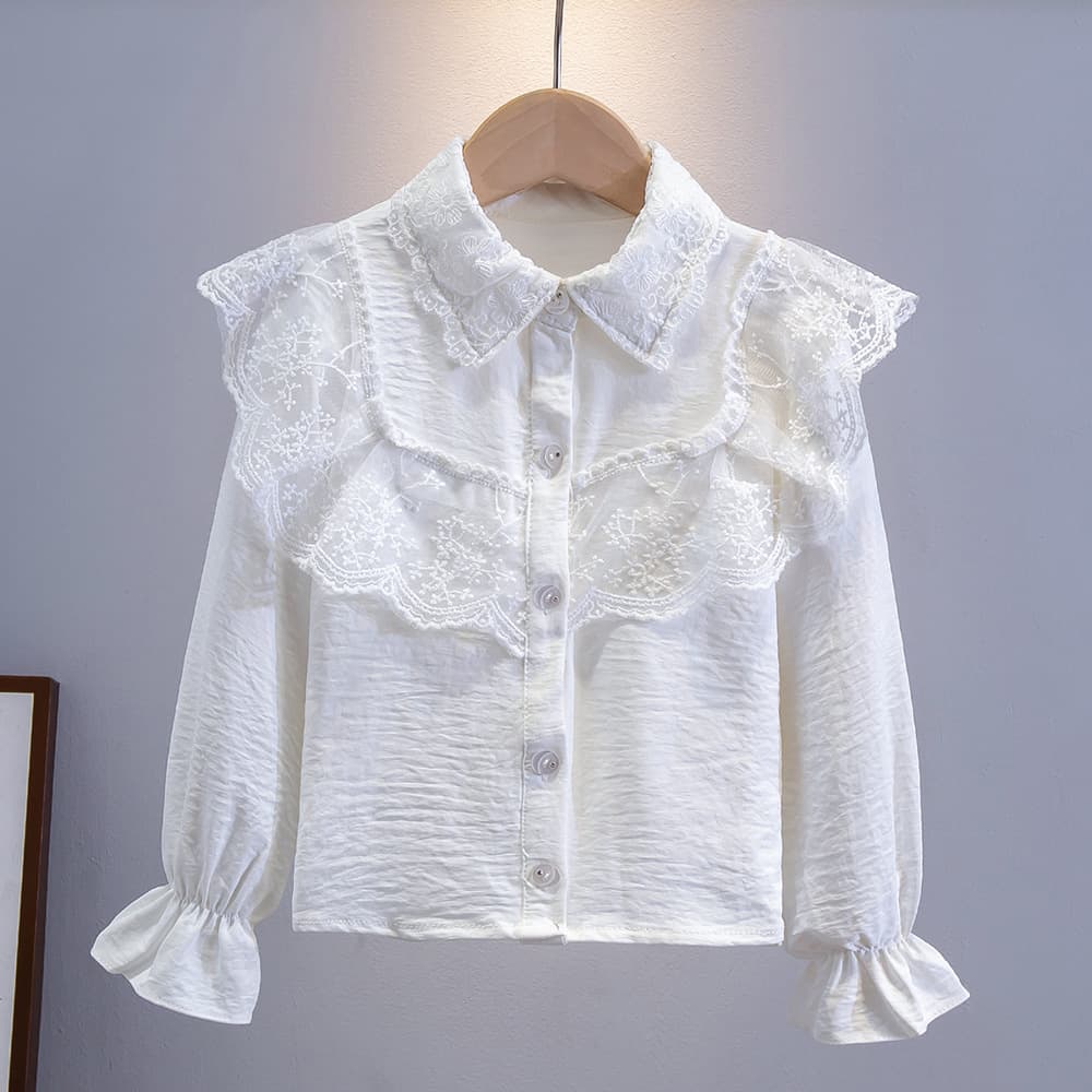 Girls' Blouse Spring Autumn School Uniform New Style Little Girl White Long Sleeve Shirt