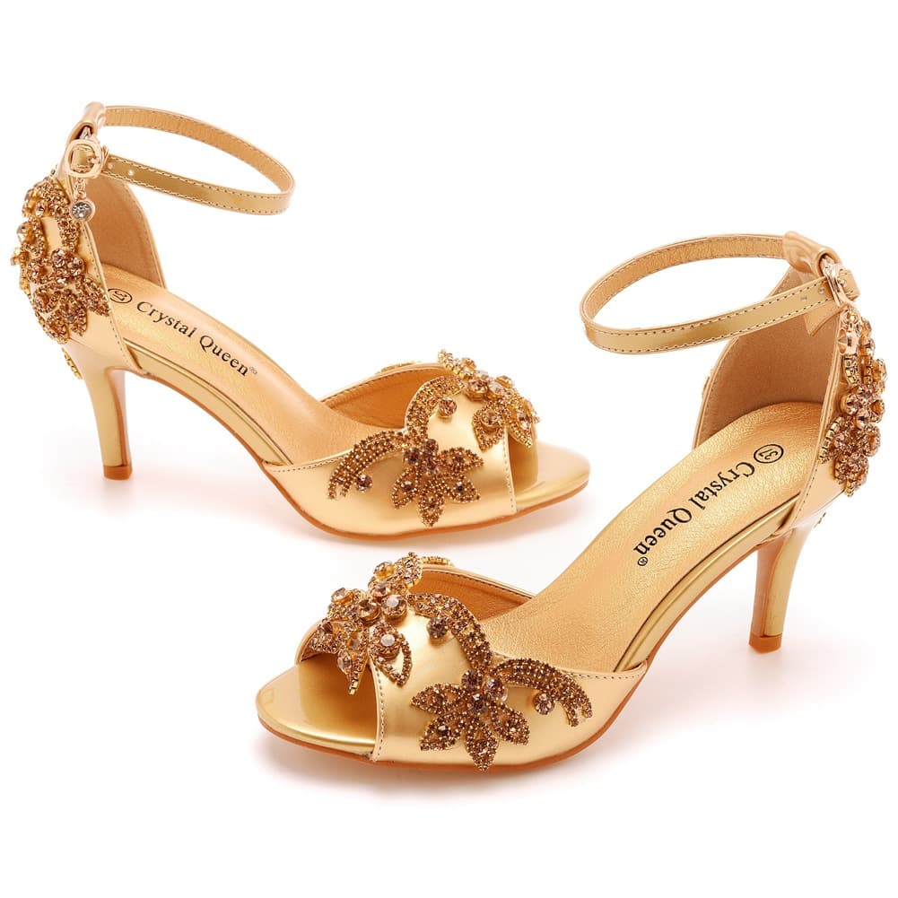 7cm Peep Toe High Heel Sandals, Shallow Mouth One-Strap Buckle Plus Size Round Toe High Heels, Gold Rhinestone Stiletto Heel Sandals