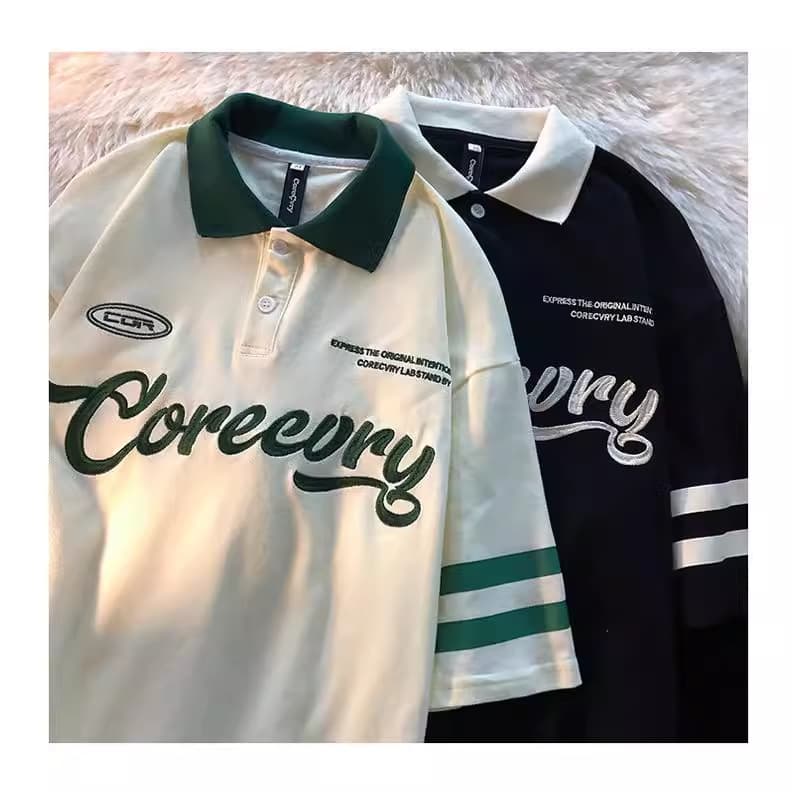 Vintage American Style Polo Collar T-shirt Half Sleeves 2023 New Couple Clothing Harajuku Style Printed Graphics Men Women's Top