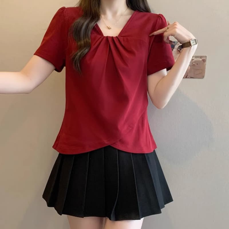 Red V-Neck Short-Sleeve Shoulder T-Shirt for Women, Summer Plus Size, Slimming Belly-Covering Irregular Top, Fits Up to 120kg