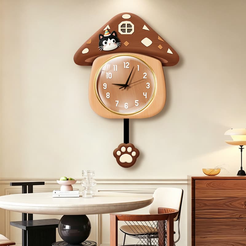 Mushroom House Living Room Home Silent Clock Creative Cat Clock Wall Hanging Cartoon Fun Swinging Wall Clock Wholesale