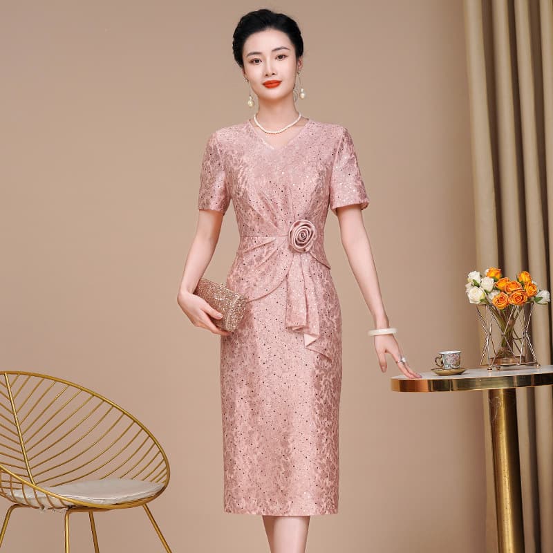 New Summer Style Elegant Embroidered Pink Dress for Mother-in-Law's Wedding Banquet Attire #972