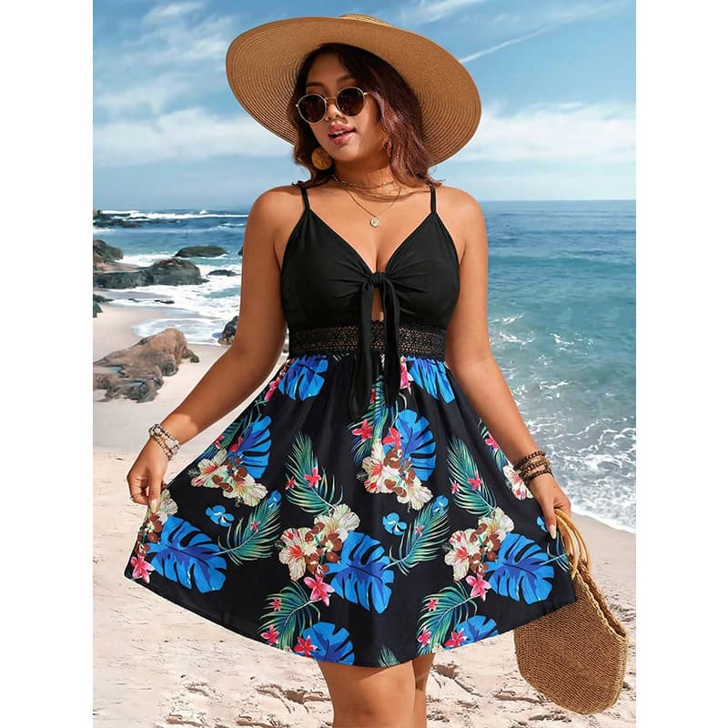 European and American Plus Size Women's Dress Amazon Black Floral Print Camisole Dress Vacation Style Lace Waist Short Skirt
