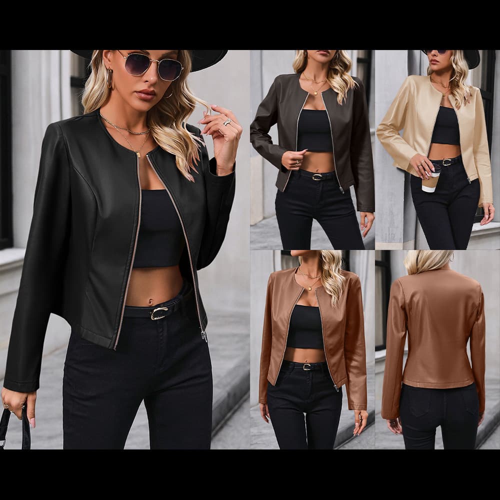 Amazon Cross-Border Casual Long-Sleeve Solid Color European and American Jacket Coat PU Motorcycle Leather Jacket for Women