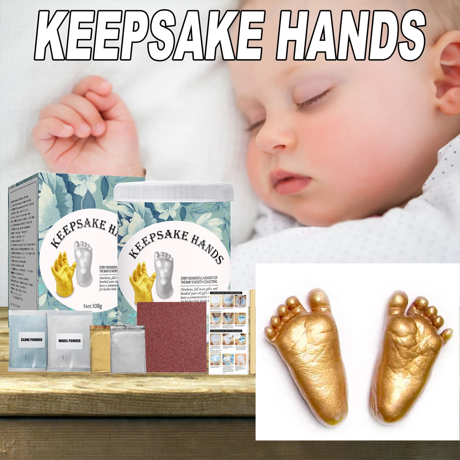 Baby Hand Mold Powder Kit, Creative 3D Hand and Footprint Replica Model Powder for Newborn Full Moon and 100-Day Keepsake