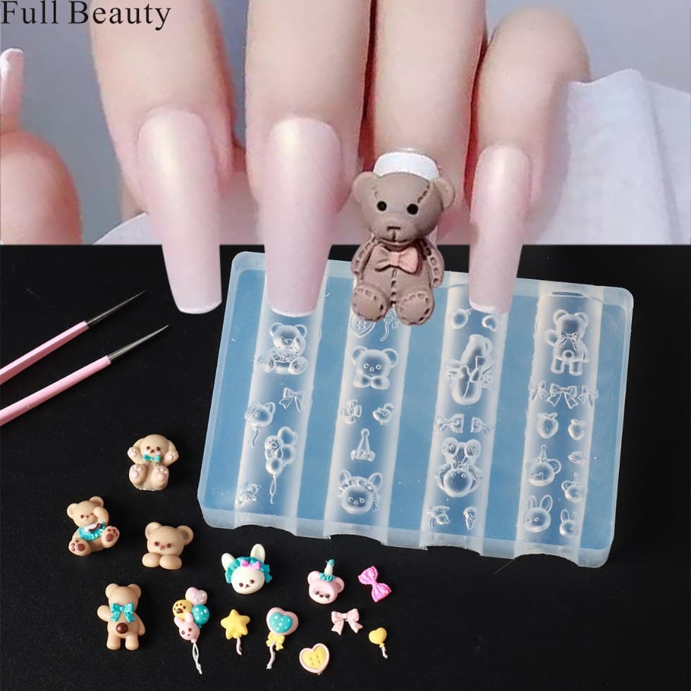 New nail art silicone mold cartoon cute bear heart bow carved diy nail art accessories tool