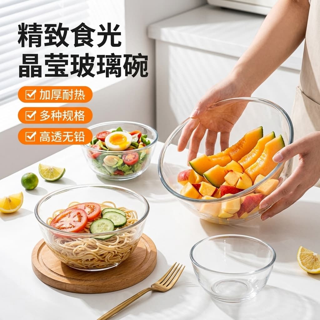 High-Temperature Resistant Clear Glass Bowl for Home Baking, Mixing, Egg Beating, Salad, Instant Noodles, Large Soup Bowl