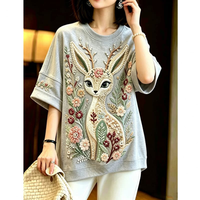 2026 Summer New French Vintage Heavy Craft Small Deer Beaded Print Short Sleeve T-Shirt Women's Light Luxury High-End Top