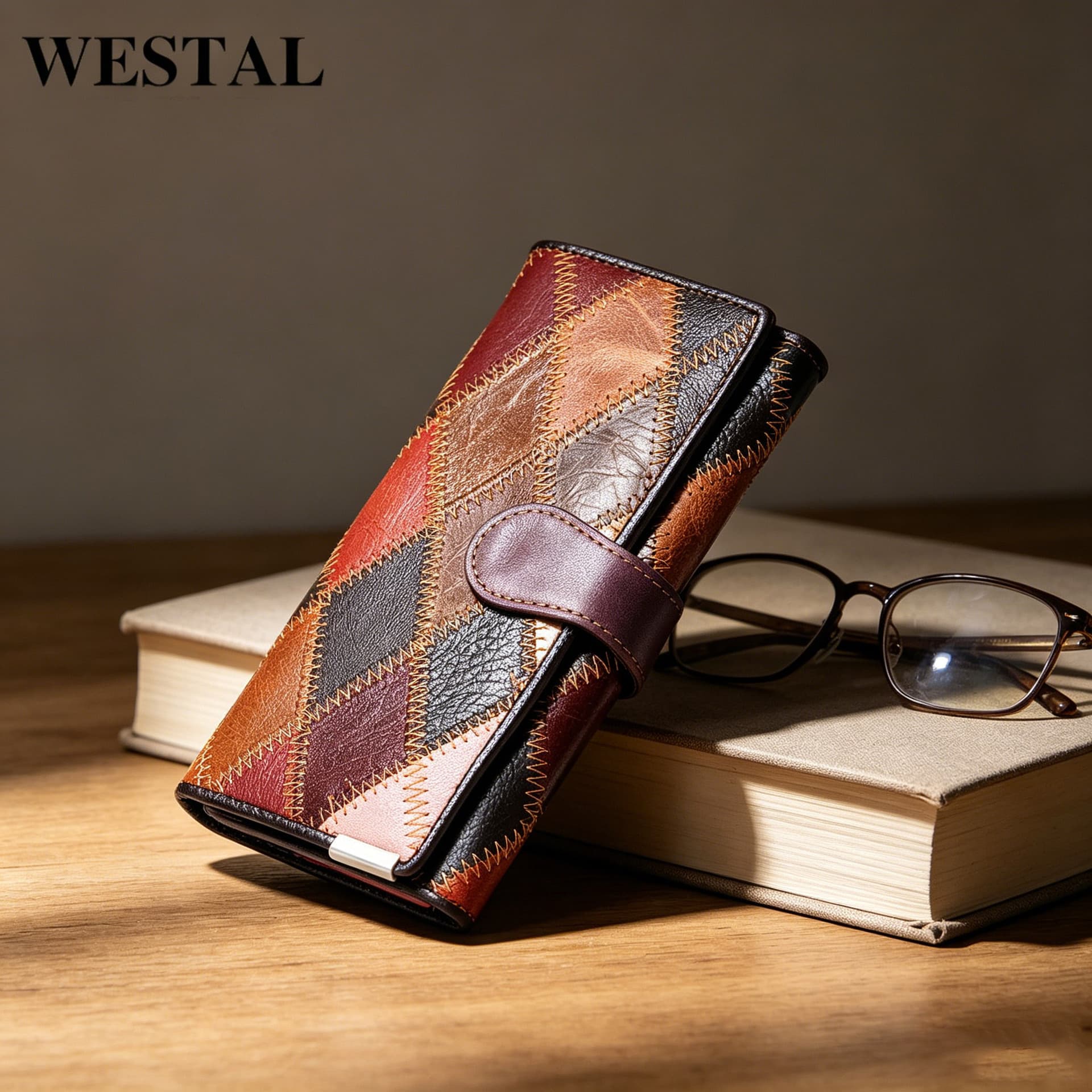 WESTAL Cross-Border Hot Selling Women's Wallet New First Layer Cowhide Color Stitching Lingge Women's Leather Wallet