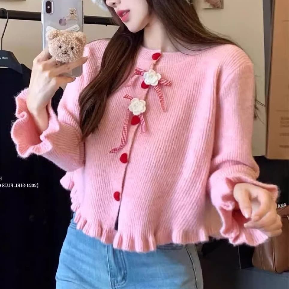 French-style Girl Bow Knit Cardigan 2025 Autumn New Design Ear-flap Cardigan Sweater Coat Top