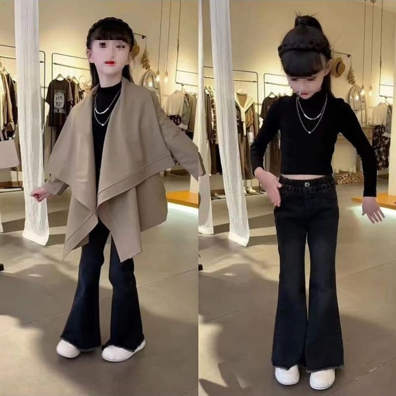 Girls' Spring Autumn New Korean Style Fashion Large Shawl Trench Coat Stylish Denim Flared Pants Suit Girl Top