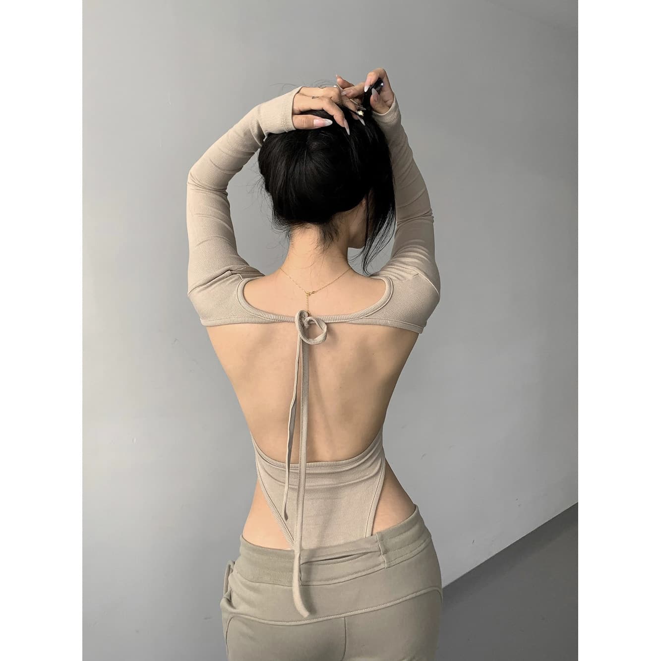 Hot Girl High Collar Sexy Deep Backless Long-Sleeved Jumpsuit Slimming Solid Color Bodysuit T-Shirt European and American Ins Trend