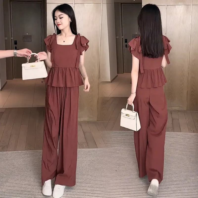 Korean Style Slimming Solid Color Casual Set Summer Fashion Belly Cover Short Sleeve Wide Leg Pants Two Piece Set