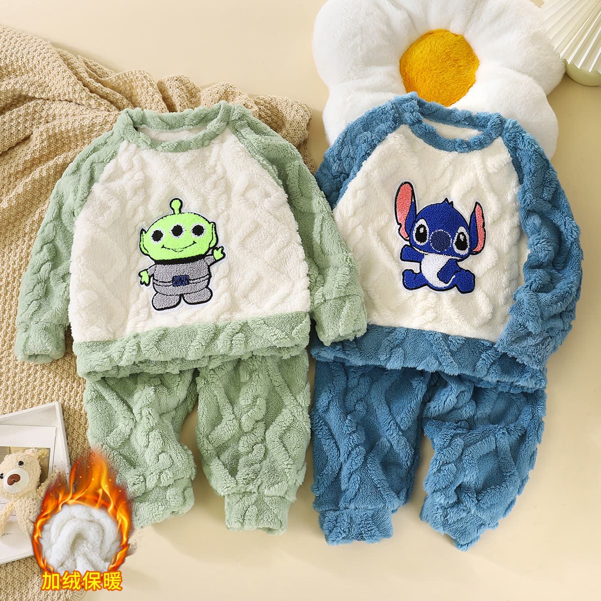 Kids Flannel Pajamas Fall Winter Cartoon Fleece-Lined Boys Girls Set Girls Warm Loungewear Set