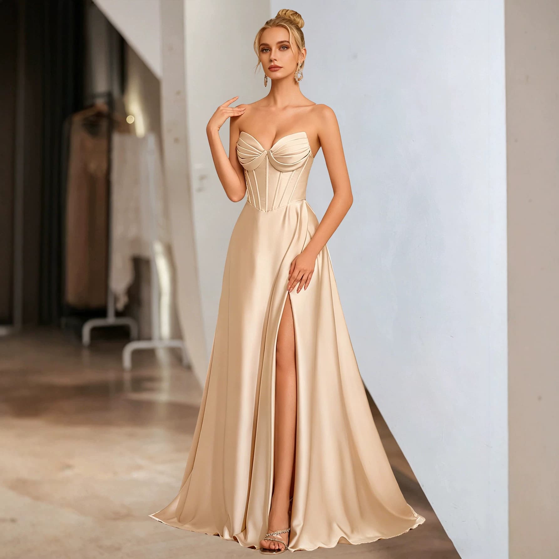 New Cross-Border Trade Satin Strapless Evening Gown Dress Slim Fit High Slit High-End Banquet Birthday Slimming Dress