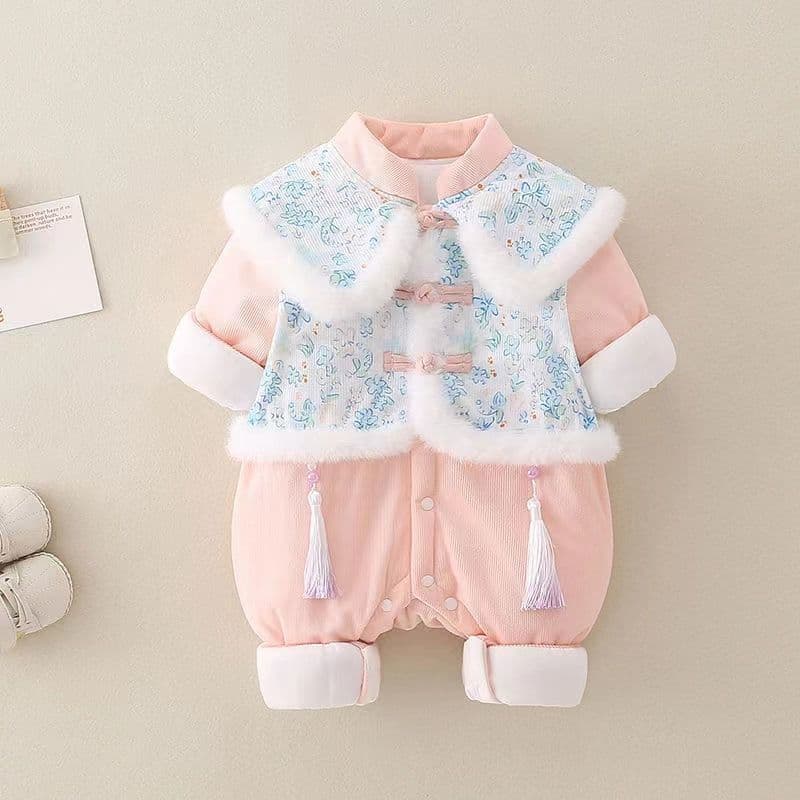 Baby winter Chinese clothes thickened baby girl's 100-day-old winter jumpsuit full moon New Year's Eve outing clothing