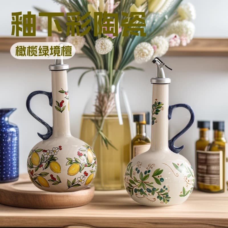 Cross-border exclusive ceramic vinegar and oil bottle for olive oil, artistic Italian kitchen sauce bottle, underglaze color