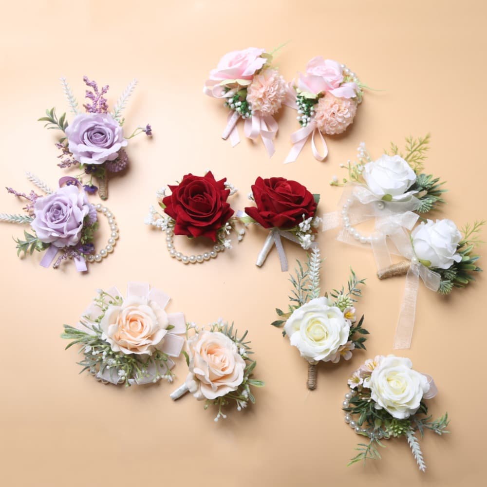 European-style Groom Boutonnieres White Rose Pins, Bride Wrist Flowers Outdoor Wedding Simulated Flowers Bridesmaid Wrist Corsages