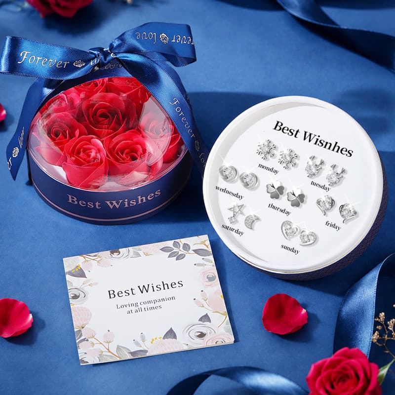 Qixi Valentine's Day One Week Earring Set for Wife Girlfriend Gift Box Set Best Friend Preserved Flower Birthday Gift Box