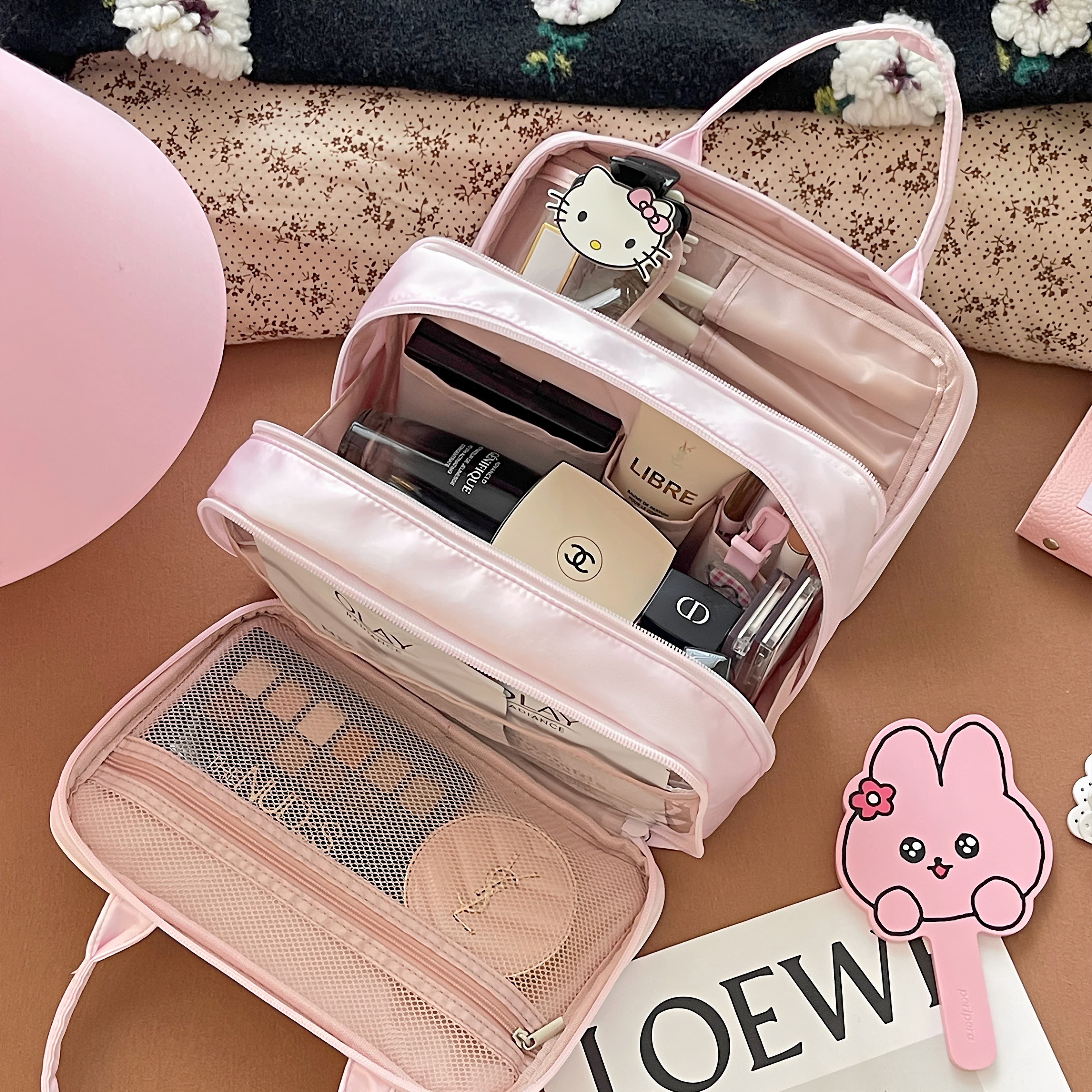 Women's Portable Cosmetic Bag Plaid Large Capacity Travel Toiletry Organizer Handbag