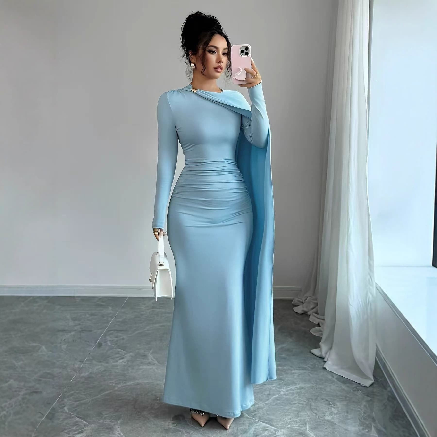 Amazon EU/US Cross-border Trade 2025 New Pleated Shawl Decoration Irregular Long Sleeve Slim Fit Dress