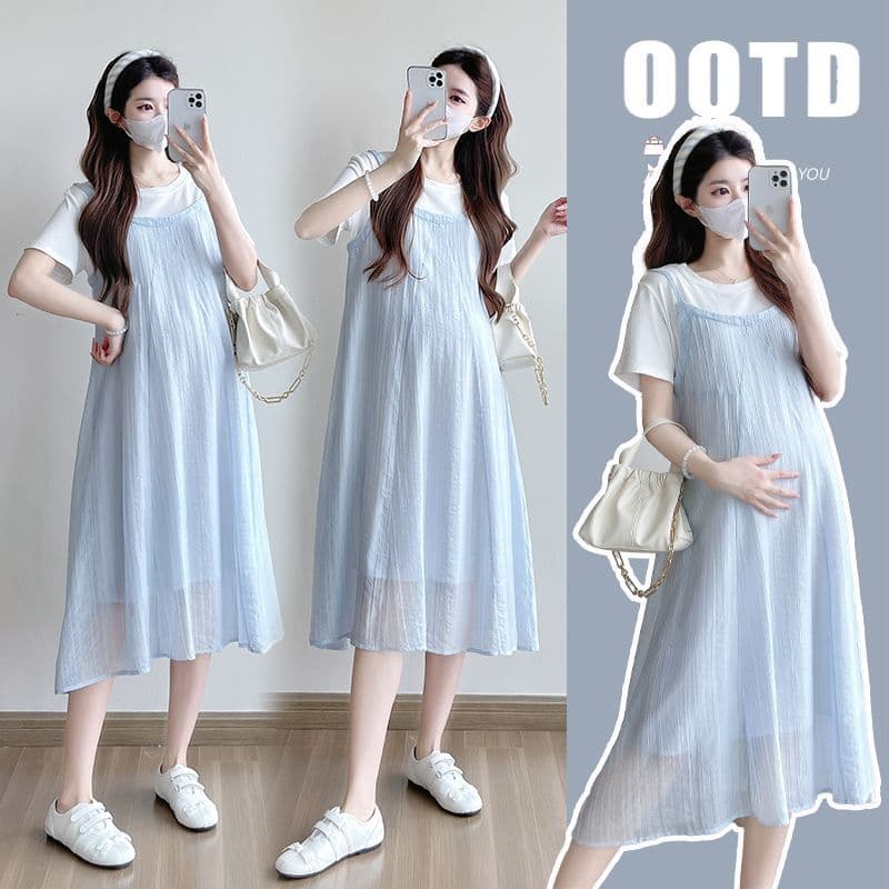 Maternity Dress 2025 New Summer Korean Style Loose Fit Slimming Fashionable Trendy Faux Two-Piece Strap Dress