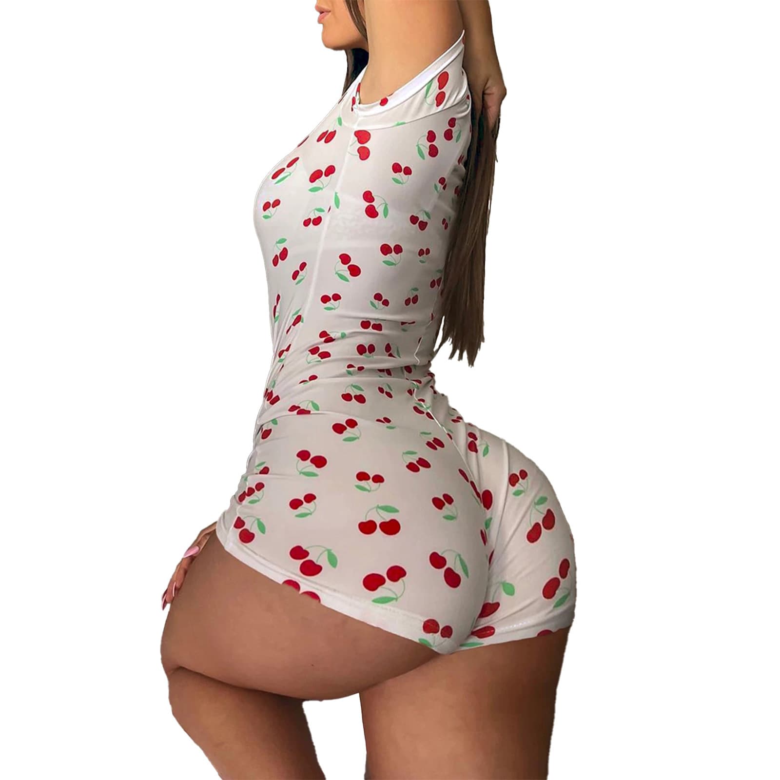 Cross-border 2025 Summer Women's Cherry Print V-Neck Single-Breasted Slim Basic Short Sleeve Romper