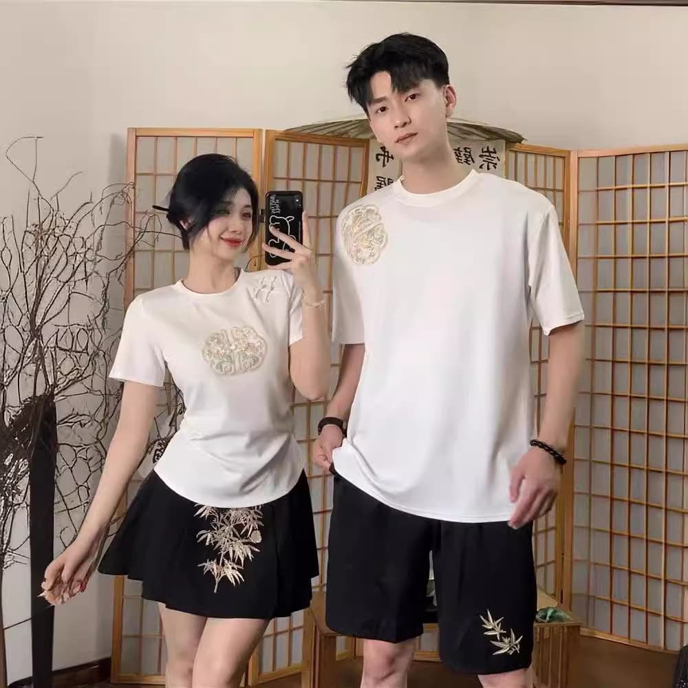 Chinese-style couple outfits, summer set, one skirt and one top, short-sleeved t-shirt, unique Chinese style design, 2024 new high-end suit.