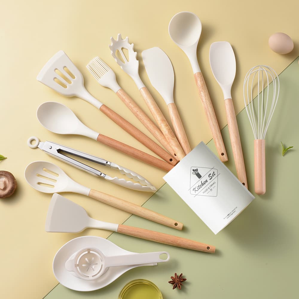 Milk White Wooden Handle Silicone Kitchen Utensils 11-Piece Set Non-Stick Spatula Cooking Tools Kitchen Set