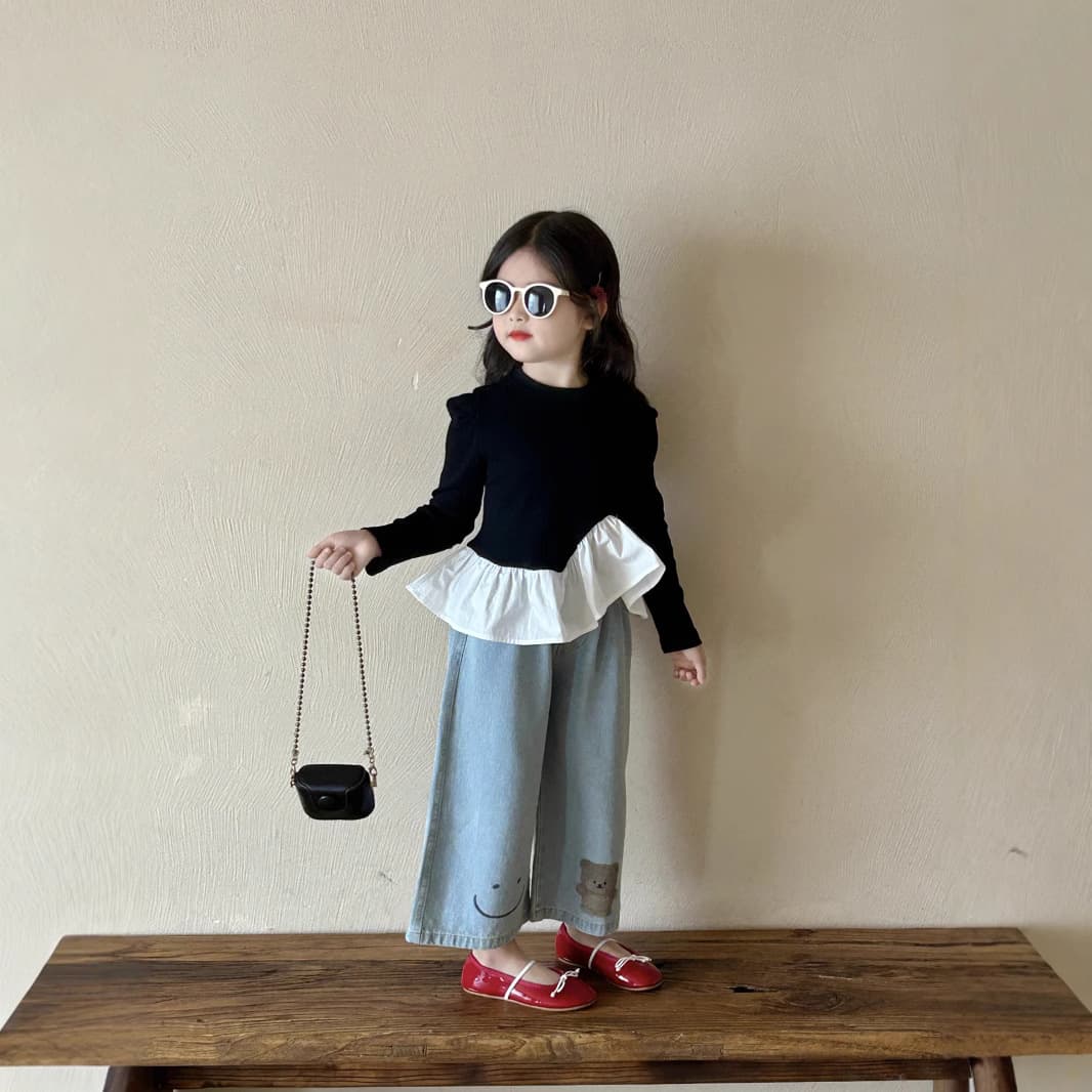 Girls' Korean style children's clothing 2026 spring new style girls' ruffled style tops T-shirt bear jeans