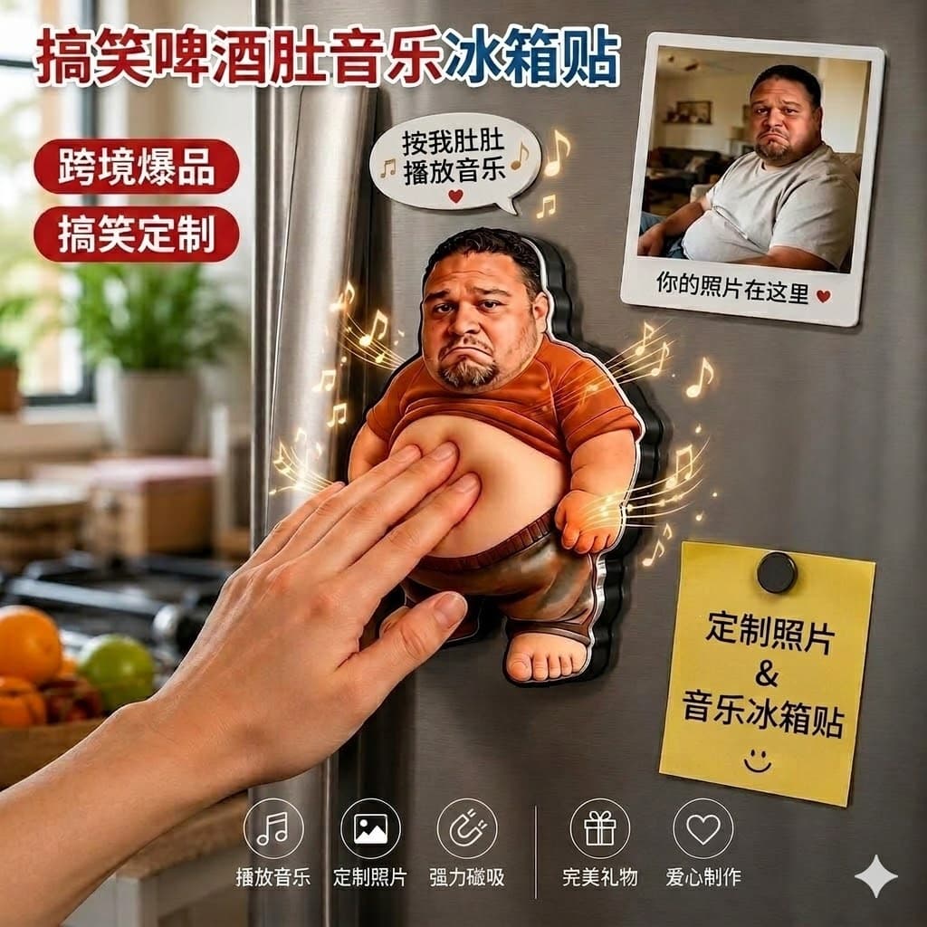 Funny customized music refrigerator magnets. Print pictures and play songs by pressing belly button. Personalized and creative home decoration gifts.