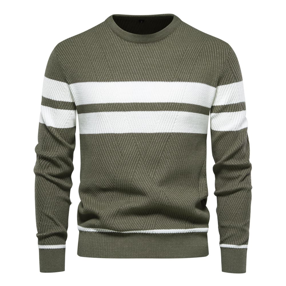 Men's Autumn Winter Knitted Sweater Round Neck Casual Striped Top High Elastic Wear Resistant Long Sleeve Urban Style Knitwear
