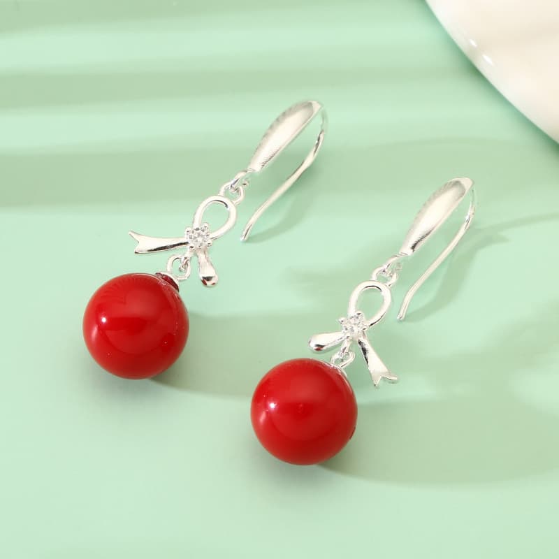 No. 8387 990 Pure Silver Bow Red Shell Pearl Earrings for Women, Niche Luxury Versatile Earrings, High-End Live Stream Hit