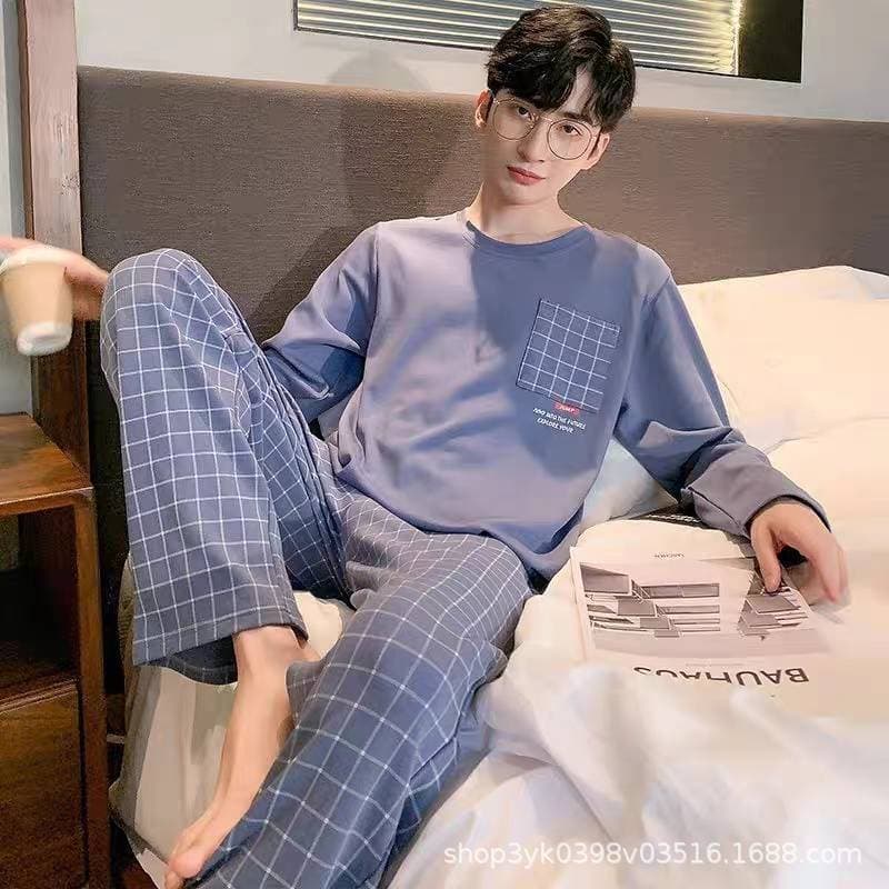 Men's pajamas spring and autumn thin long-sleeved trousers suit teenagers autumn men's home wear large size summer