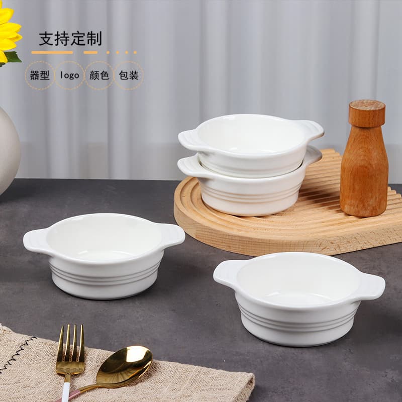 Cross-border Amazon baking tableware small double-ear bowl ceramic soufflé bowl simple baking bowl dessert bowl