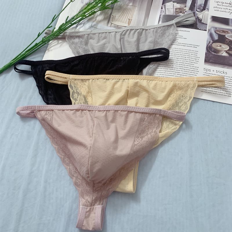 Erotic sexy breathable U-shaped pouch men's thong, thin strap low-waist seamless lace pouch men's underwear.