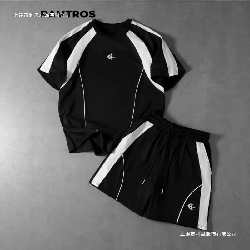 2026 cross-border American fashion brand men's motorcycle style contrasting color short-sleeved suit 3D mesh loose sports two-piece set