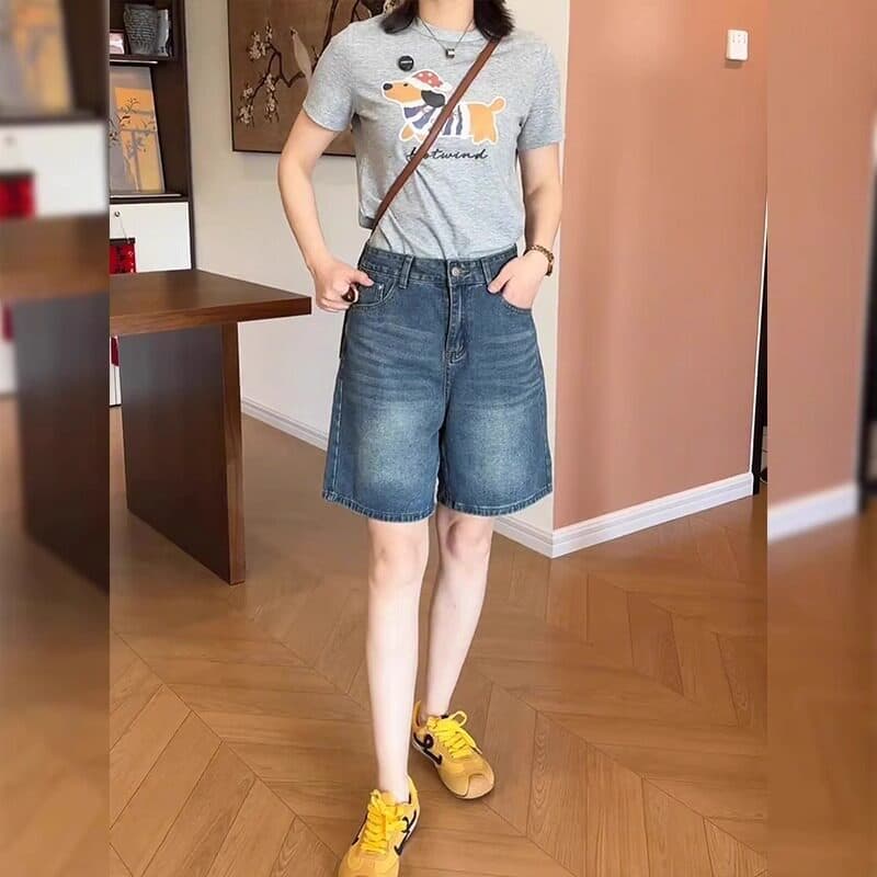 Retro Cool High-Waist Five-Point Denim Shorts for Women, Summer Thin Style, A-Line Straight Leg, Flattering for Pear-Shaped Figures, Trendy