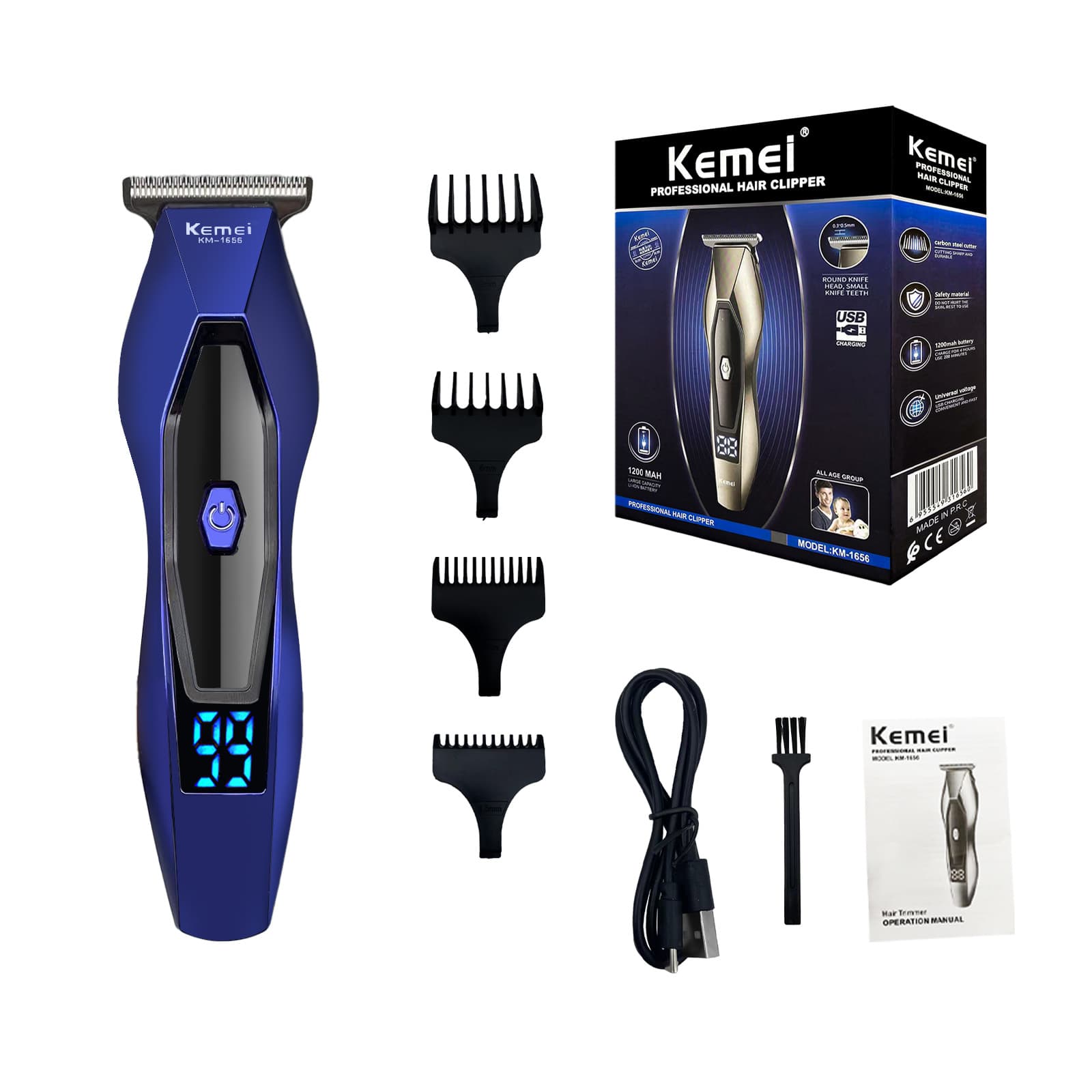 KEMEI KM-1656 USB Rechargeable Two-Speed Adjustable LCD Digital Display Hair Clipper with R-Type Blade