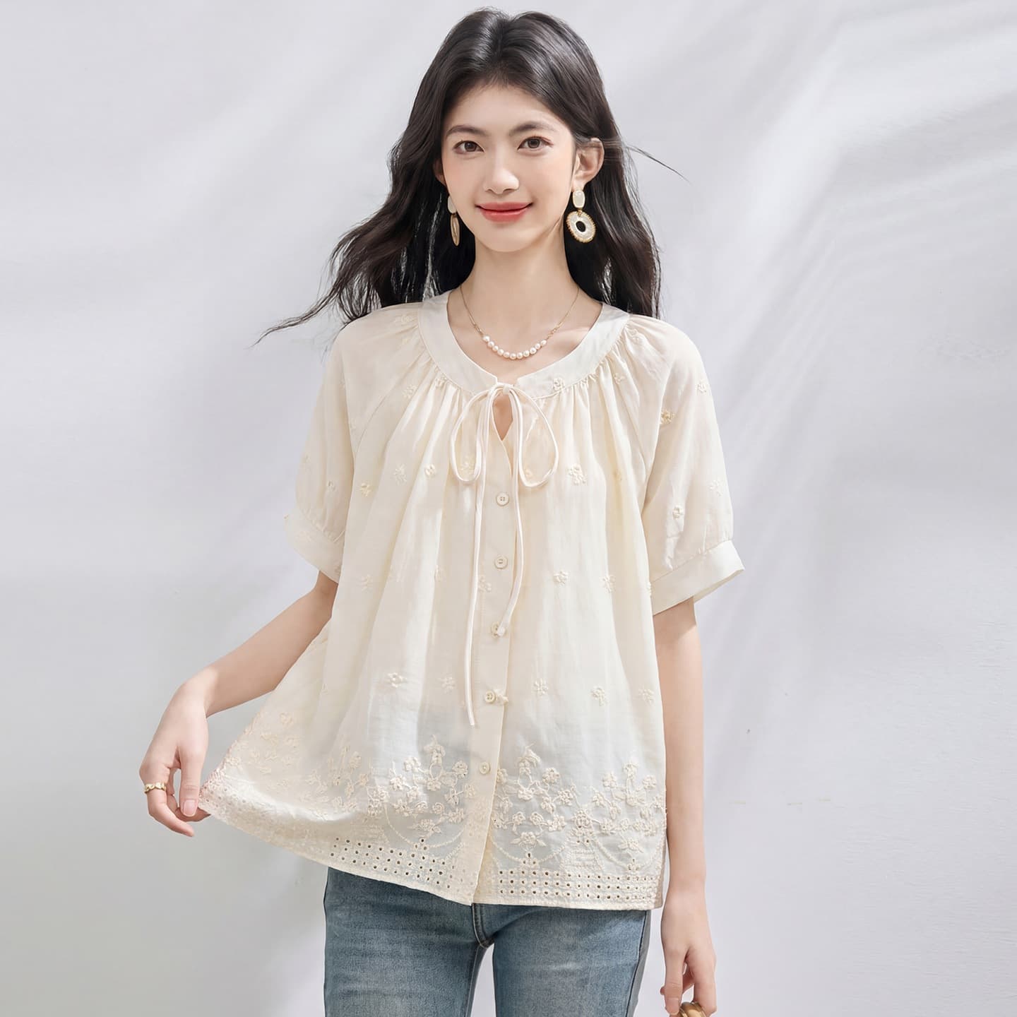 In Stock Summer New Short Sleeve Round Neck Tie Babydoll Blouse Women Top Summer Top Apricot Off Shoulder