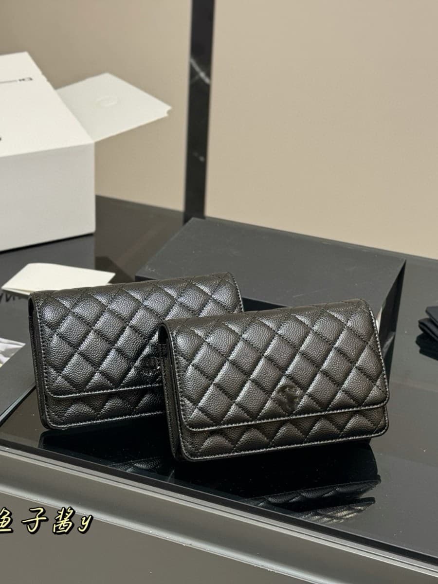 Chanel-style Quilted Caviar Leather WOC Wallet on Chain, Crossbody Shoulder Phone Bag for Women