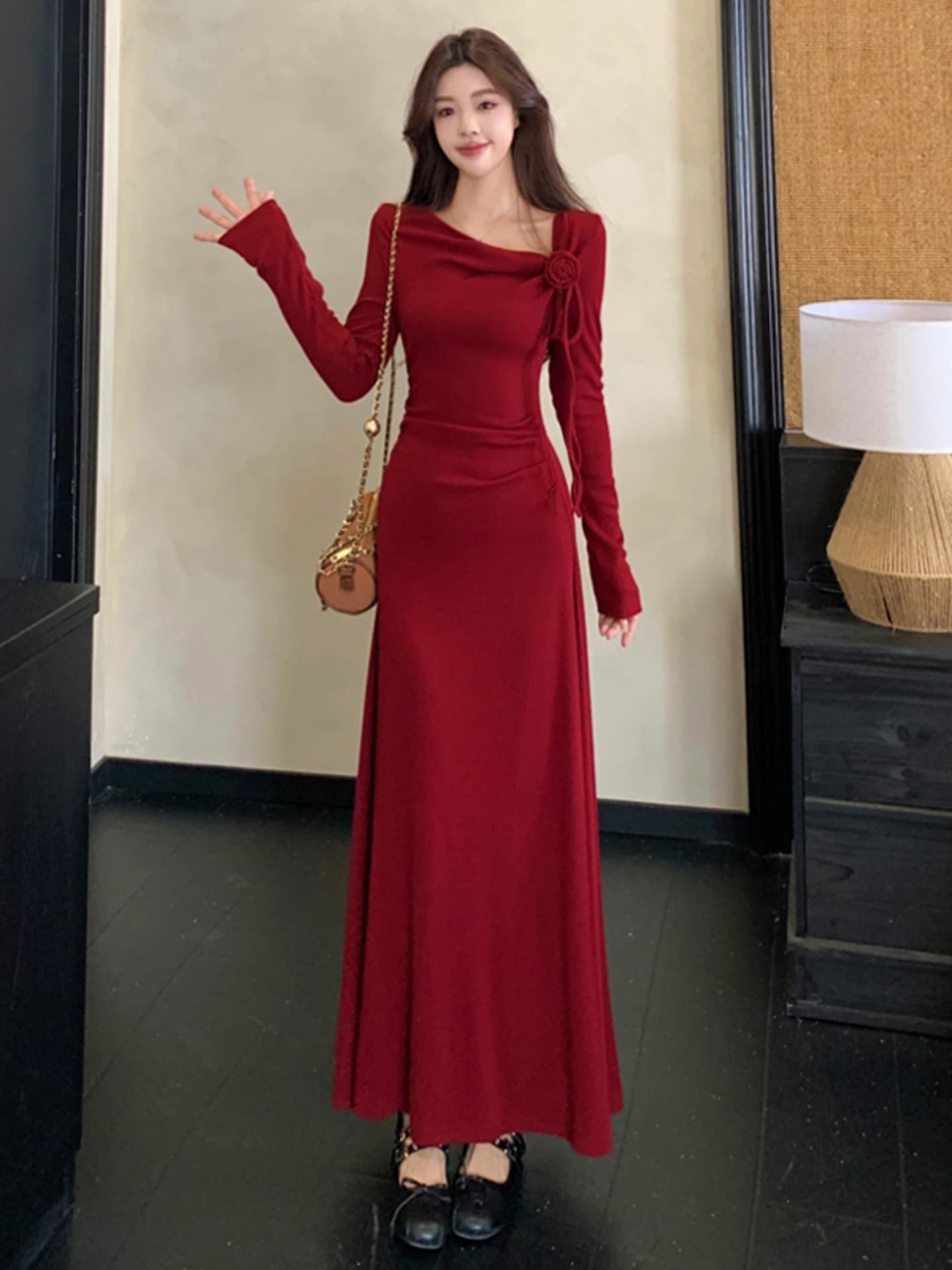 Elegant Early Autumn Winter Cool Rich Girl Outfit, Intellectual Red Dress for Women
