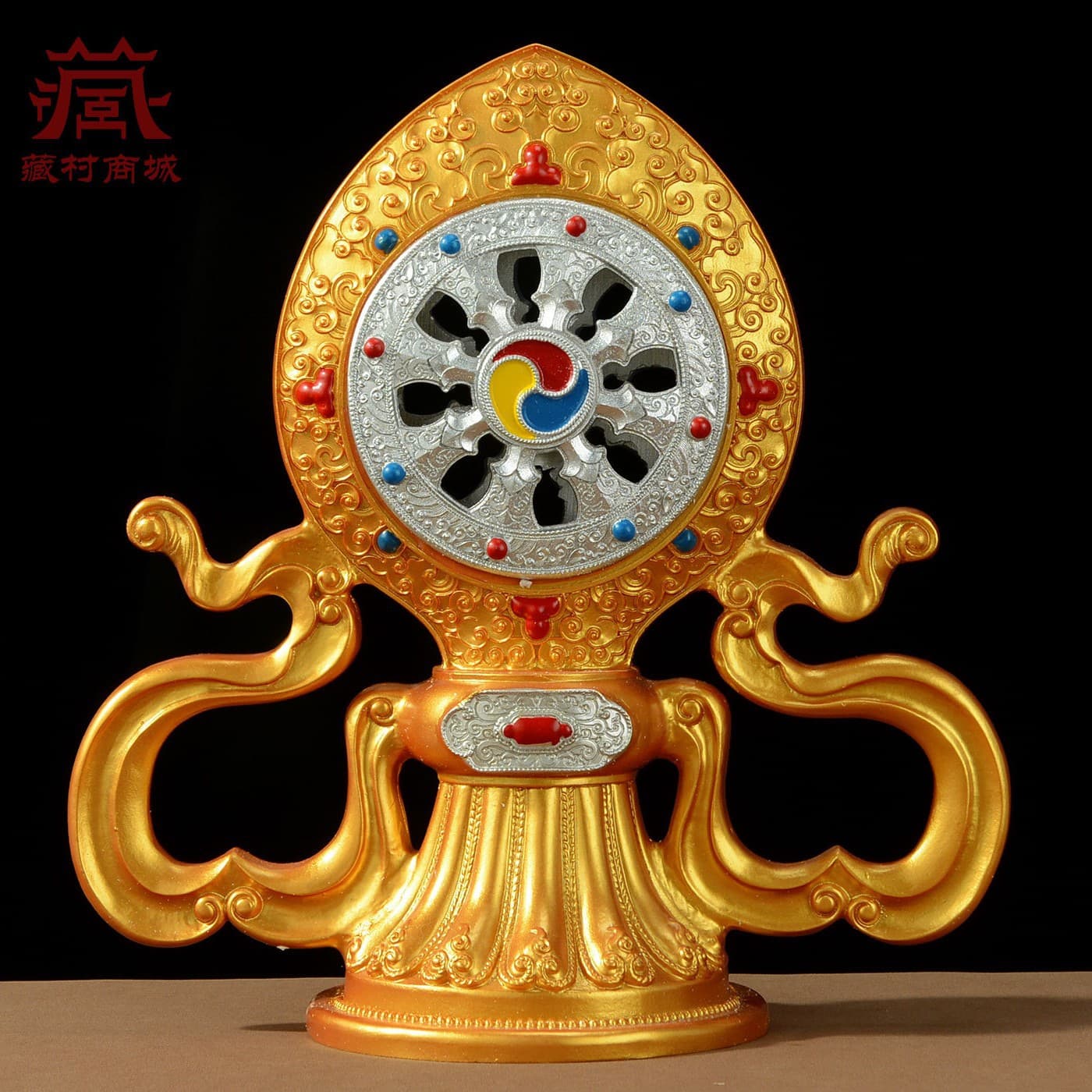 Tibetan Village-style Painted Double Deer Dharma Wheel Ornament, Wheel King's Seven Precious Treasures and Mani Wheel, Auspicious Home Offering Decoration
