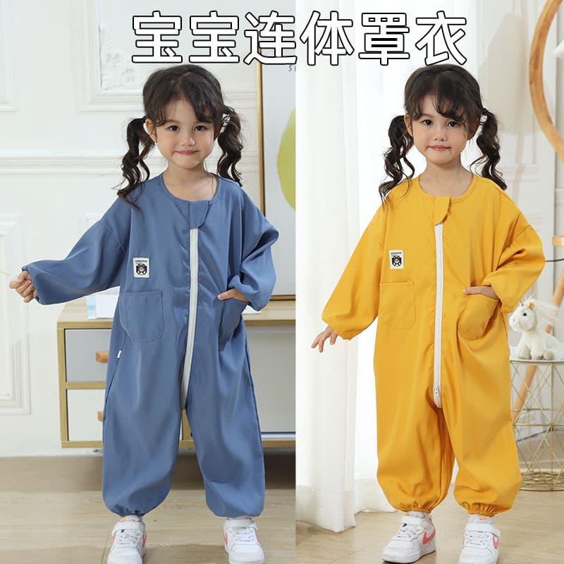 Children's full-body waterproof coverall with anti-stain feature, integrated crawling suit design