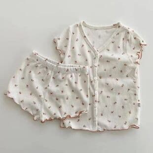 Thin baby girls' summer wear, soft skin-friendly small floral lace home set, baby short-sleeve two-piece cotton