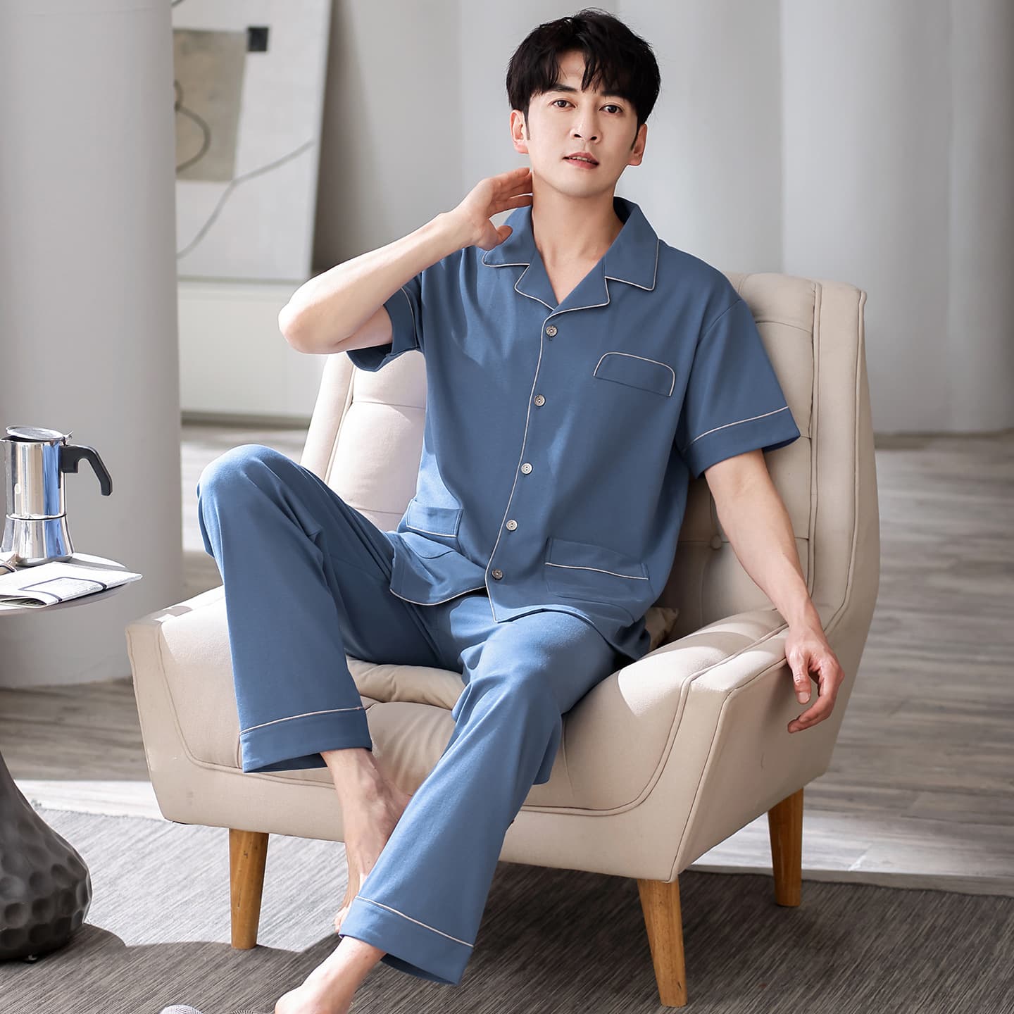 100% cotton men's pajamas summer short-sleeved trousers simple casual loose cardigan lapel men's summer home wear