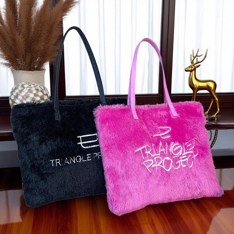 European and American Plush Faux Fur Embroidered Tote Bag, Single Shoulder Large Bag for Men and Women, Black and Pink Fashion Handbag